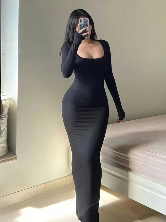 Damen Bodycon Maxikleid mit langen Ärmeln – Elegantes minimalistisches Kleid