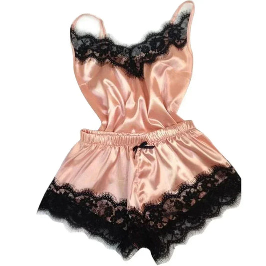Damen Sommer Pyjama Set – Seidiges Cami Top & Shorts mit Spitze