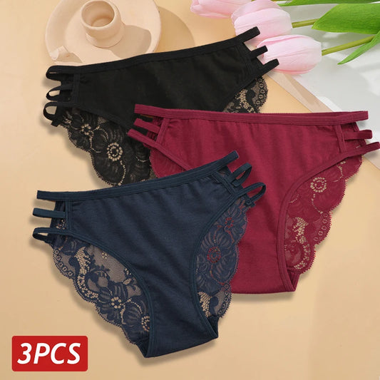 Sexy Damen-Spitzen-Slips im 3er-Set mit floralem Muster, transparenter Optik und bequemer Passform.
